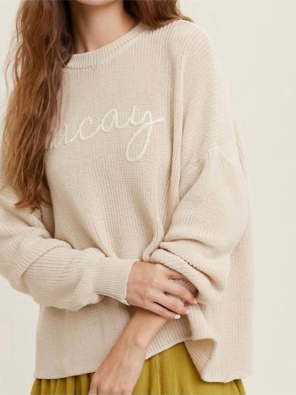 Wishlist Vacay Hand Stitched Cream Crewneck Slouchy Sweater Sz S/M Resort Beach